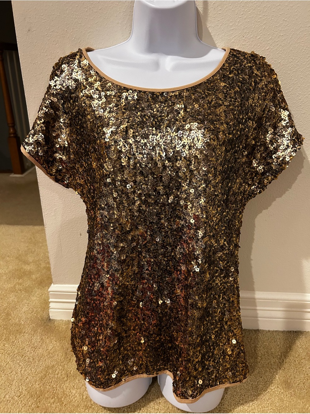 INC International Concepts Petite Bronze Gold Sequin Top Size M